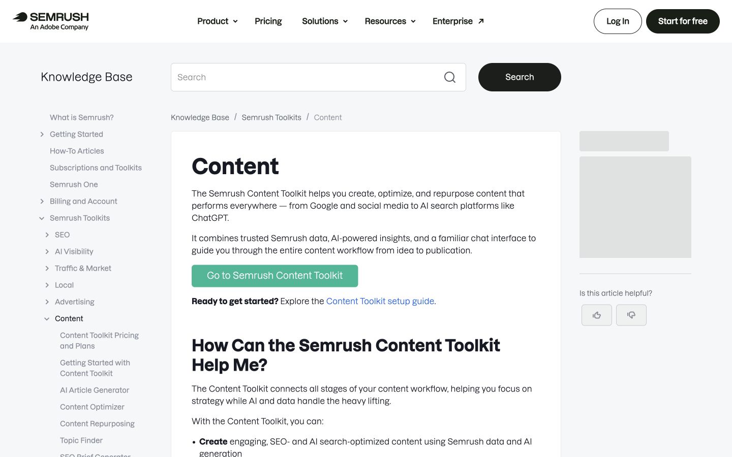 Semrush Content Toolkit public product page captured at a desktop viewport