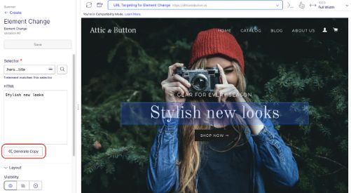 Optimizely Visual Editor illustration with an existing headline and Generate Copy control