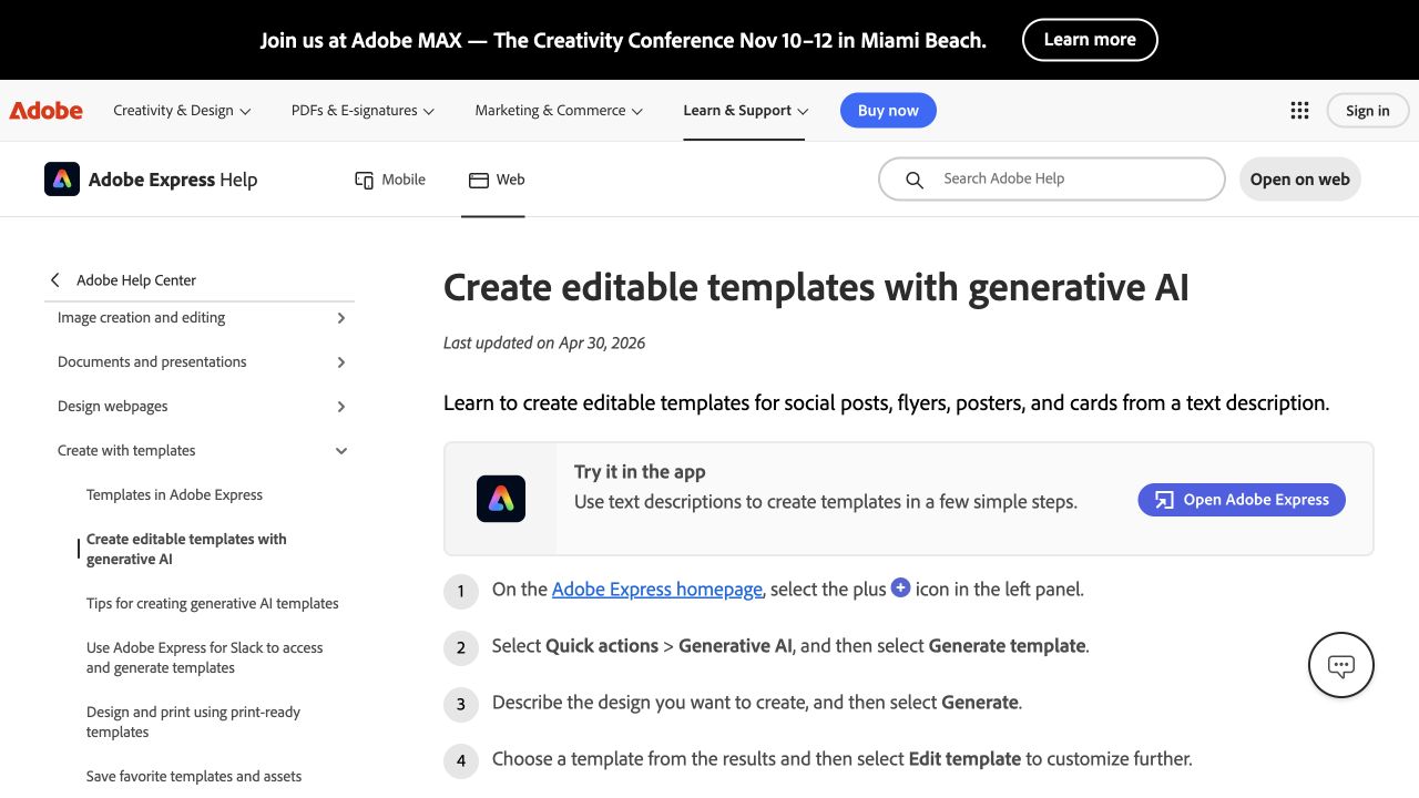 Adobe Express help page describing Generate template and the subsequent editing steps