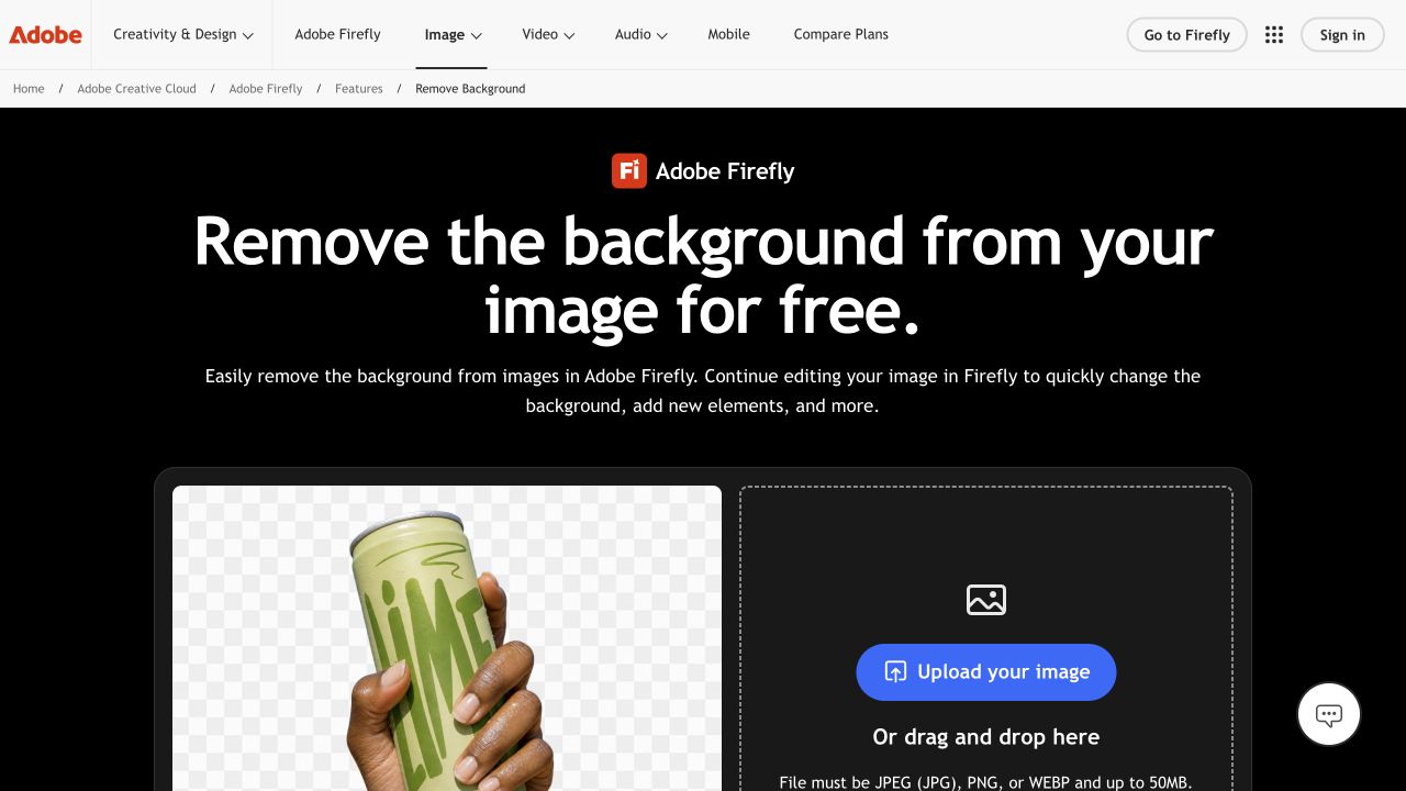 Adobe Firefly background-removal page with the free offer and image-upload entry point