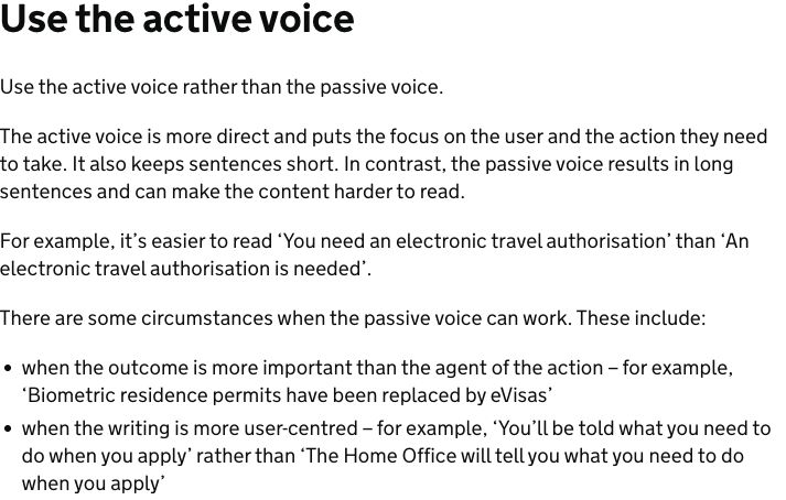 GOV.UK active-voice guidance with explanations and exceptions