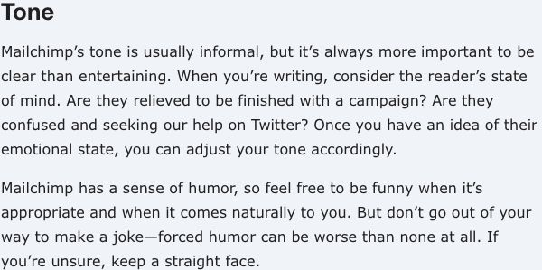Mailchimp tone guidance explaining reader context, clarity, and appropriate humor