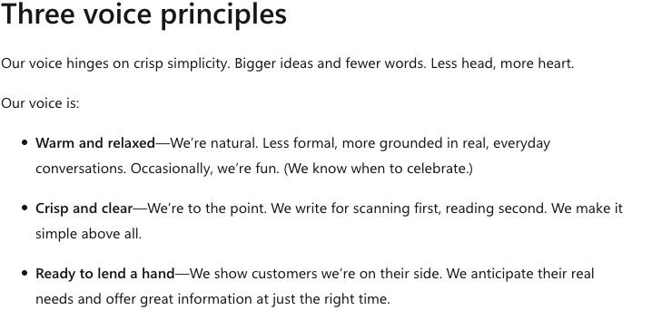 Microsoft style guide showing its three voice principles