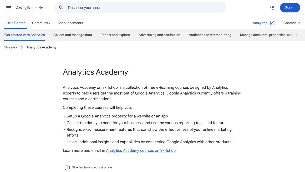 Google Analytics Academy help page describing the training and linking to Skillshop