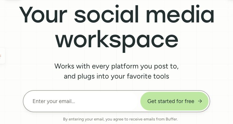 Buffer homepage introducing its social media workspace and signup options