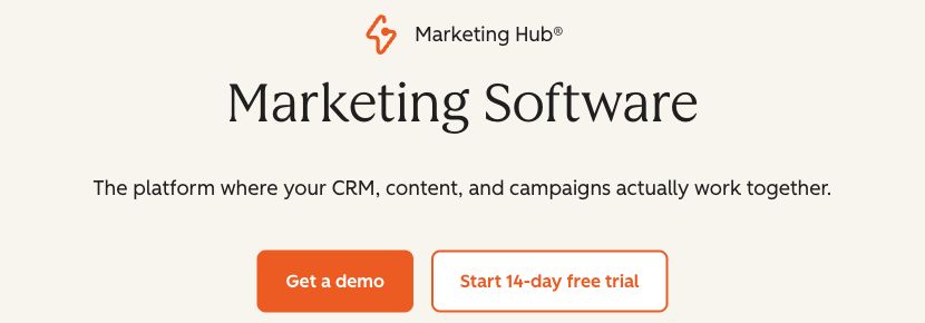 HubSpot Marketing Hub headline with its CRM, content, and campaign positioning