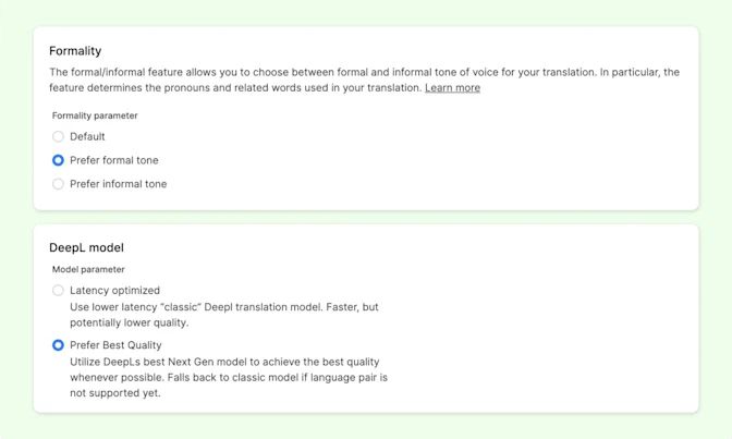 Phrase configuration illustrated by DeepL includes formality and translation-model preferences