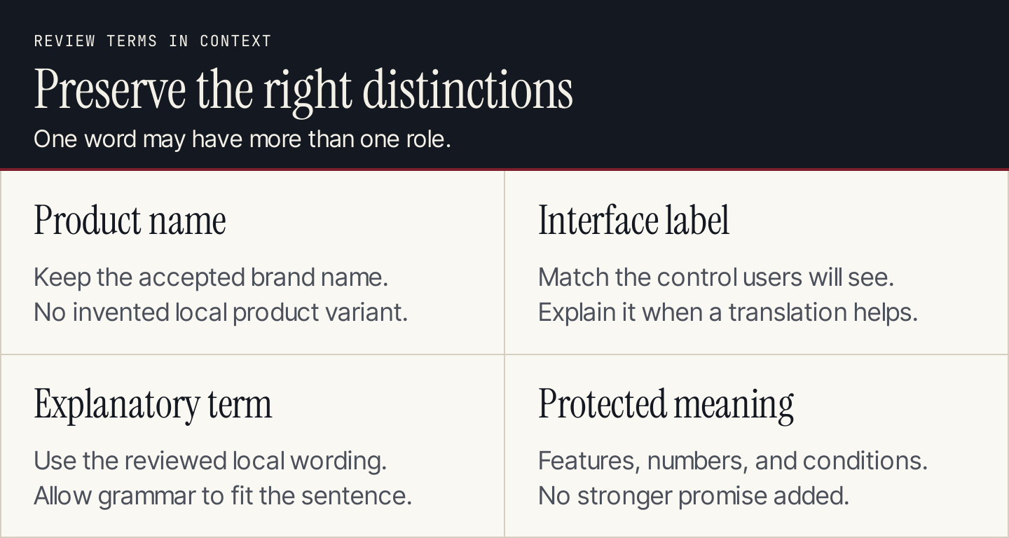 Terminology decisions distinguish product names, interface labels, explanatory terms, and protected claims