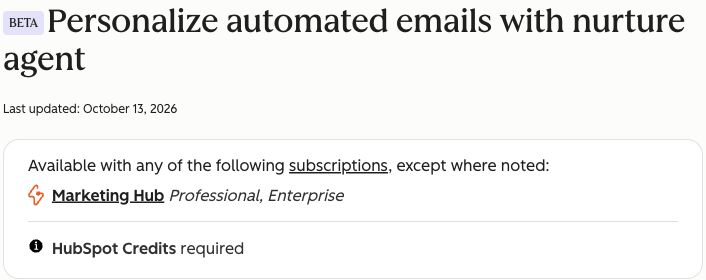 HubSpot nurture-agent documentation showing its beta label, subscription requirements, and credits