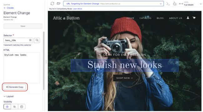 Optimizely Visual Editor showing a selected headline and Generate Copy control