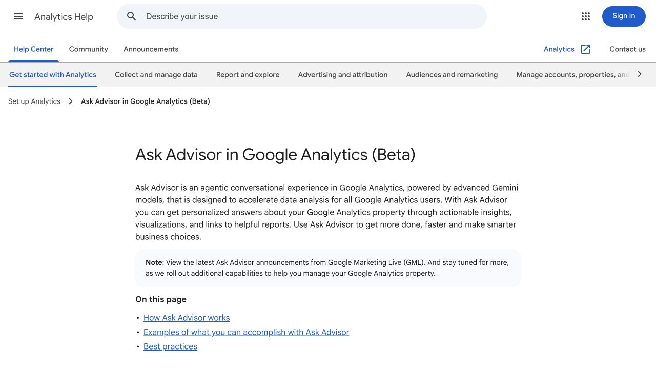 Google Analytics help page titled Ask Advisor in Google Analytics Beta with current access instructions