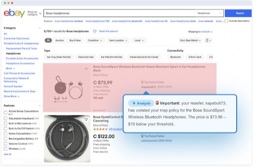 Visualping illustration of an AI analysis callout flagging a monitored price condition