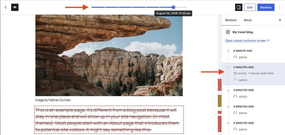 WordPress revisions screen with a timeline, revision list, and highlighted content changes