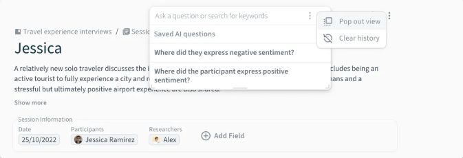 Condens session search menu with saved AI questions and the pop-out view control
