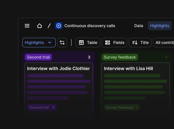 Dovetail research illustration showing interview highlights grouped under tags
