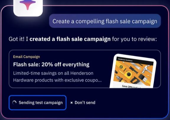 ActiveCampaign AI Campaign Builder illustration showing a request, email preview, and testing controls
