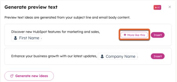 HubSpot preview-text suggestions with More like this, Insert, and Generate new ideas controls