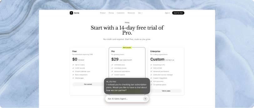 Intercom's Fin for Sales illustration shows a website visitor asking a product question