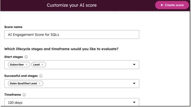 HubSpot's AI score setup shows lifecycle-stage and time-window choices