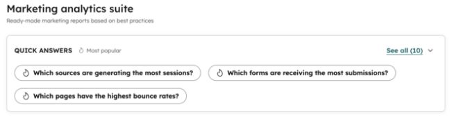HubSpot's marketing report interface groups questions about leads, meetings, and revenue