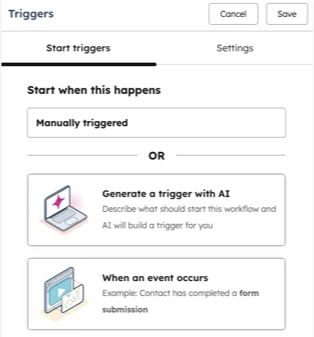 HubSpot workflow documentation showing manual, AI-assisted, and event-based trigger choices