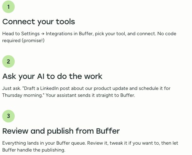 Buffer MCP page illustrating connection, requests, and review before publishing