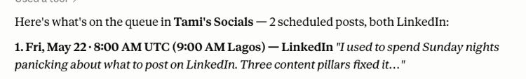 Buffer's published queue example showing an account name, time zone, and scheduled post
