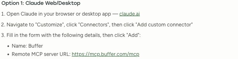 Buffer integration instructions showing its remote MCP connection setup