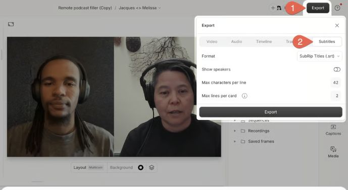 Descript's subtitle-export dialog shows format and speaker-label settings