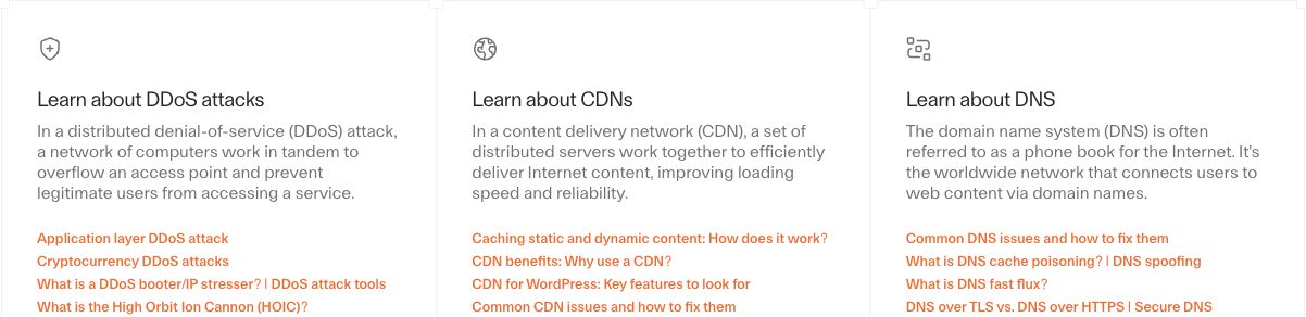 Cloudflare's Learning Center groups resources about DDoS attacks, CDNs, and DNS