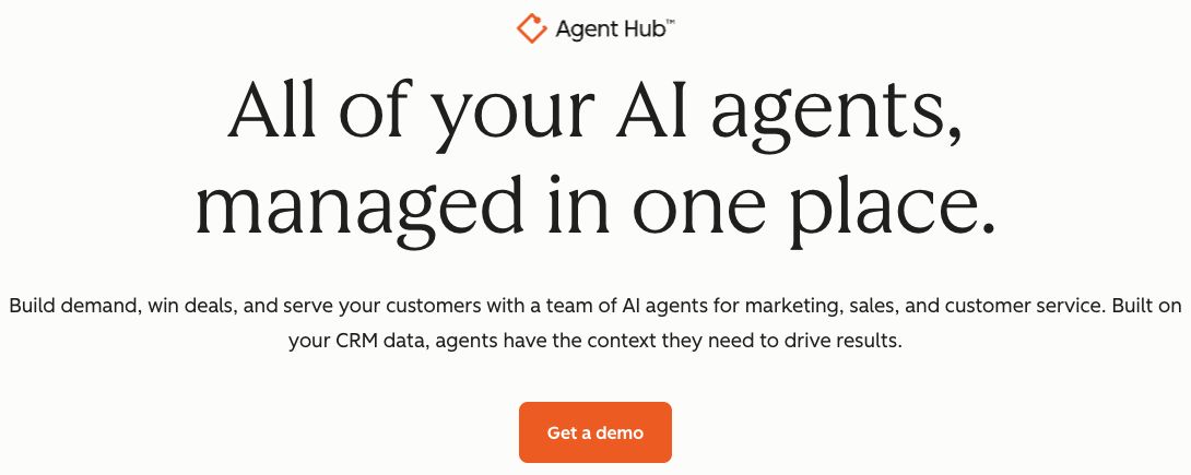 HubSpot Agent Hub page describing AI agents managed with CRM context