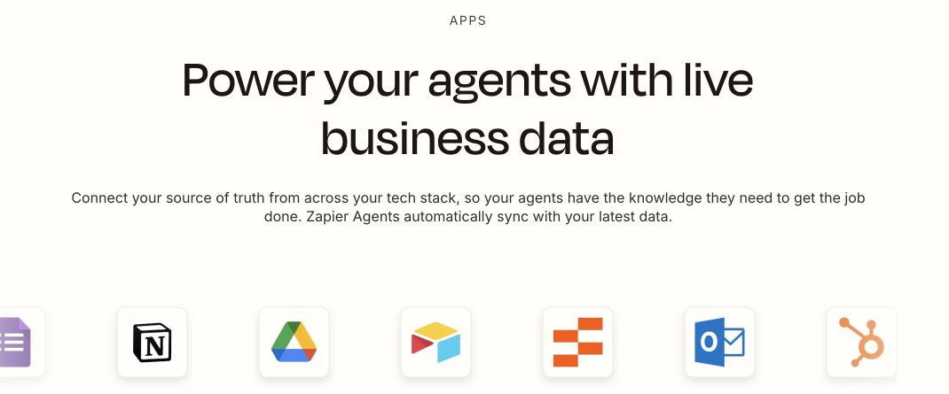 Zapier Agents page showing business data sources including documents, tables, and CRM apps