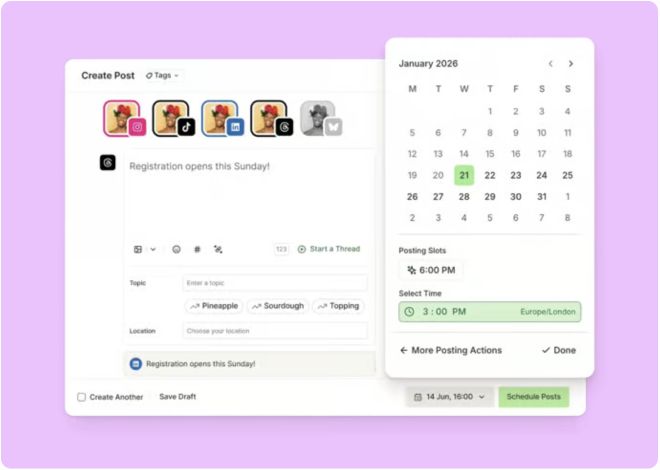 Buffer homepage illustration with a publishing calendar and a social post composer