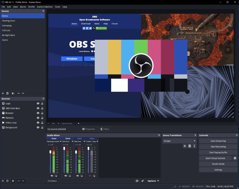 OBS Studio website illustration showing scenes, sources, and audio mixer controls