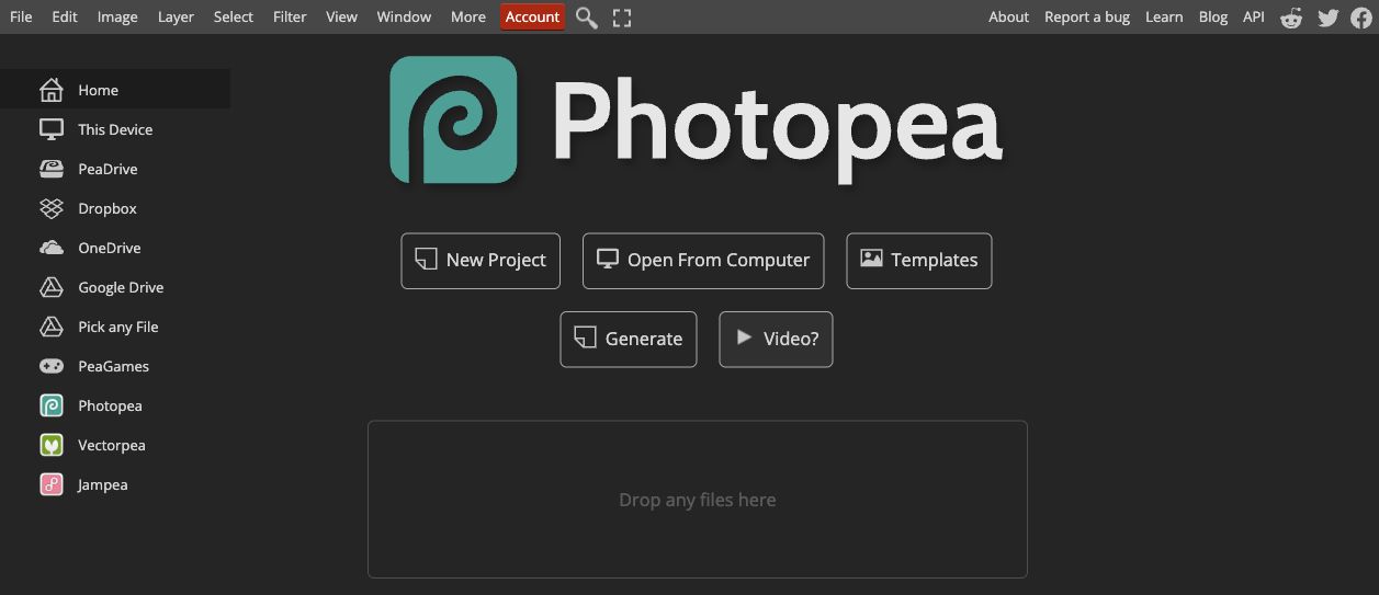 Photopea editor with menus, a tools sidebar, and project-opening controls