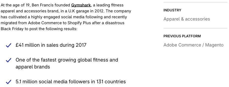 Shopify Gymshark case study shows a sales result explicitly dated 2017