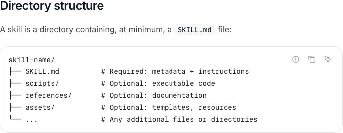 Agent Skills specification showing SKILL.md and optional scripts, references, and assets folders