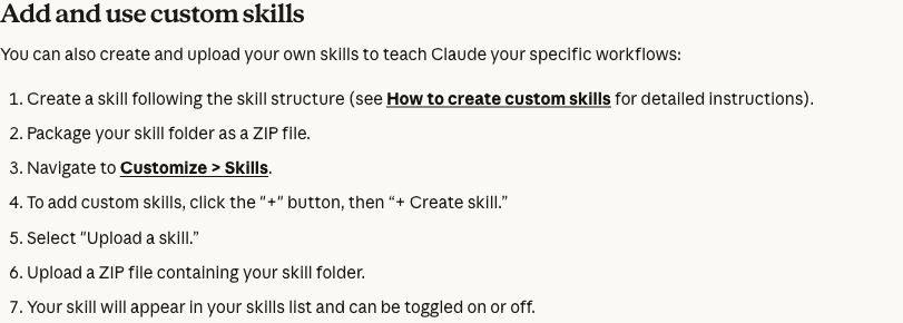 Claude support instructions for uploading and enabling a custom skill