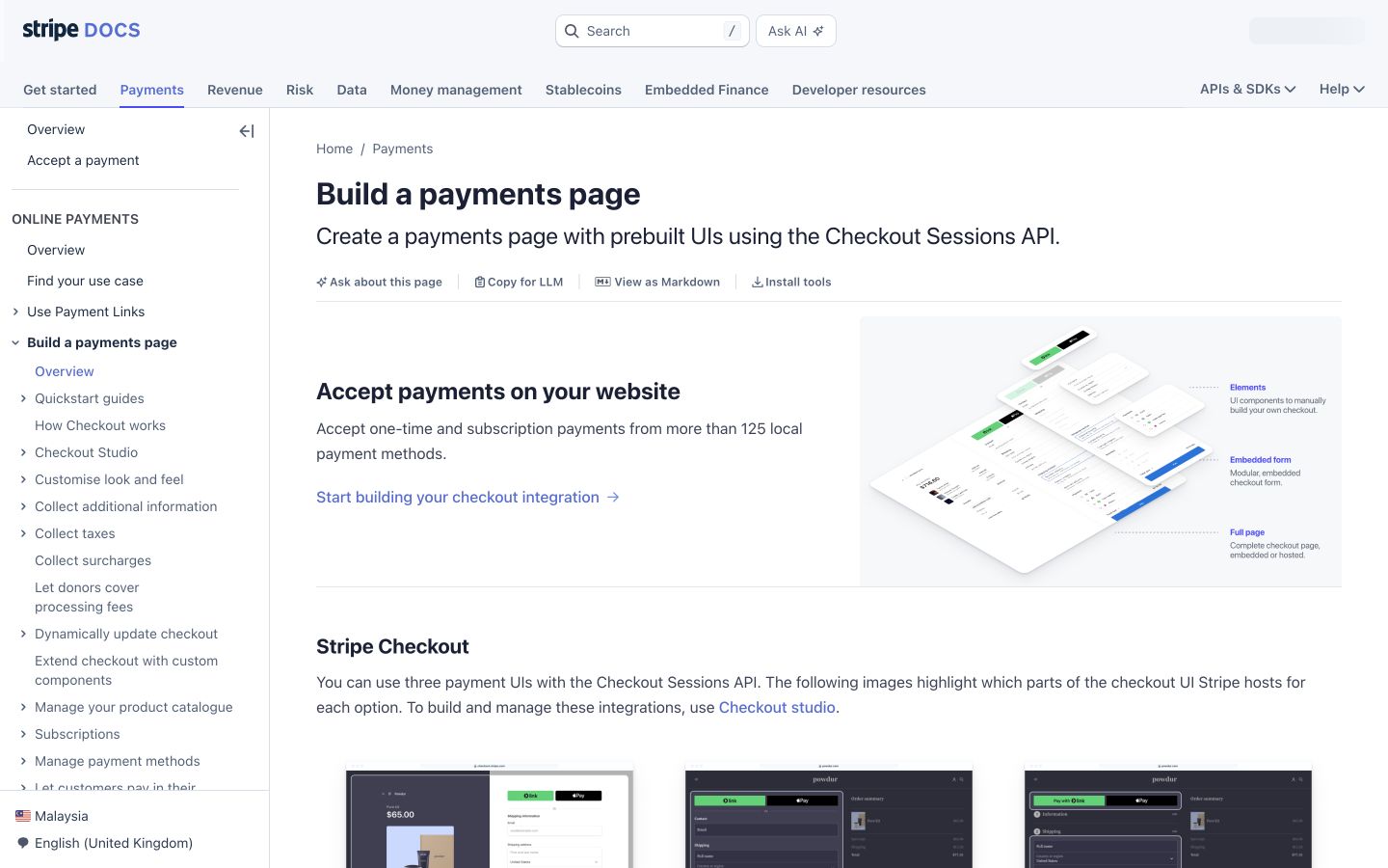 Stripe documentation introduces a payments page and links to building a checkout integration