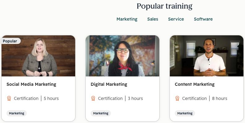 HubSpot Academy lists certifications in social media, digital marketing, and content marketing
