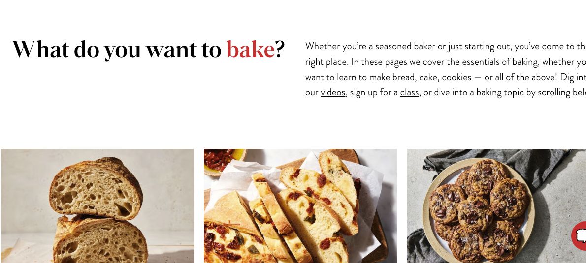 King Arthur Baking learning hub asks what users want to bake and introduces baking categories