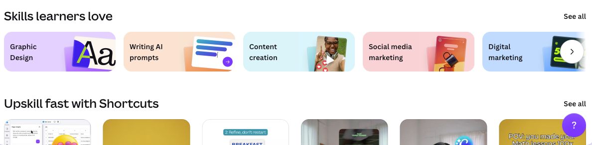 Canva Design School shows skill filters and a Shortcuts learning section