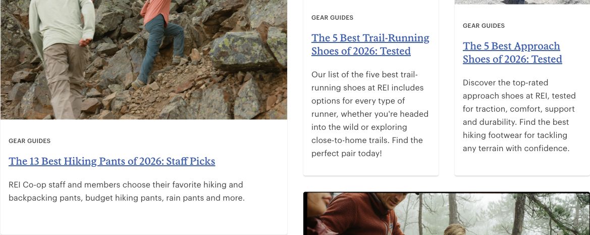 REI advice cards identify staff picks and tested gear selections