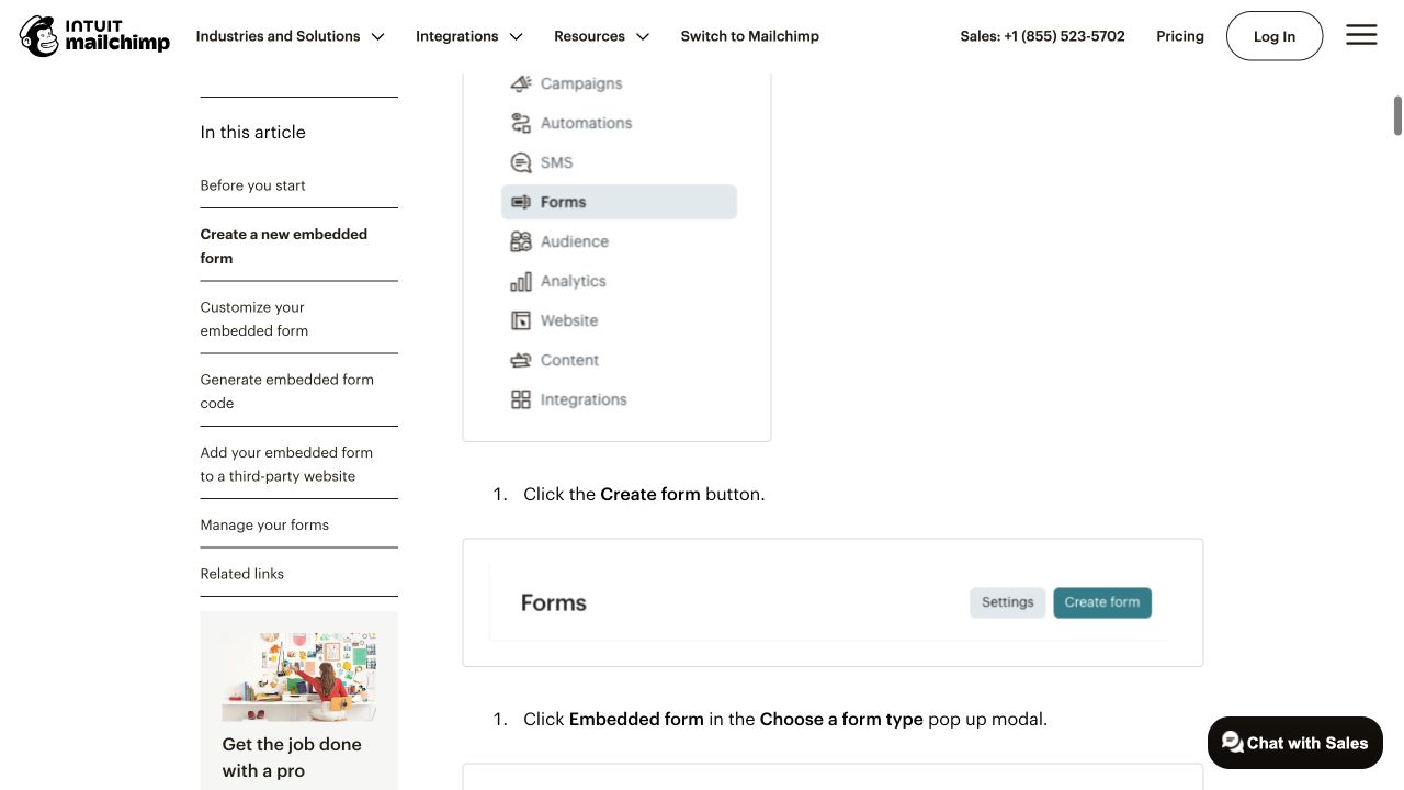 Mailchimp's embedded-form instructions show the Forms navigation and Create form button