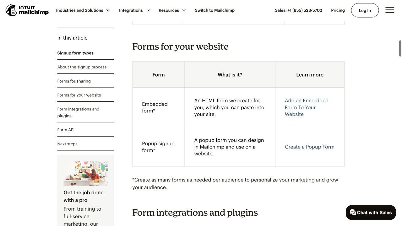 Mailchimp's form-options table distinguishes an embedded form from a popup signup form