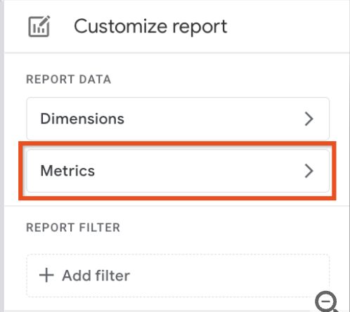 GA4 documentation illustration showing the Metrics control in a report customization panel