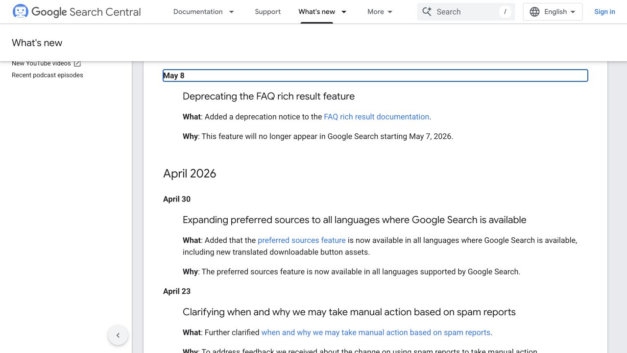 Google's May 8 update announces that FAQ rich results stopped appearing starting May 7, 2026