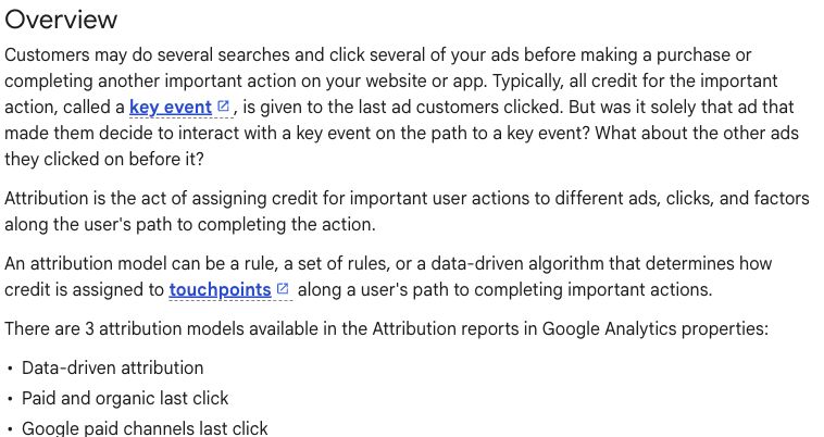 Google Analytics documentation defines attribution and lists its current attribution models