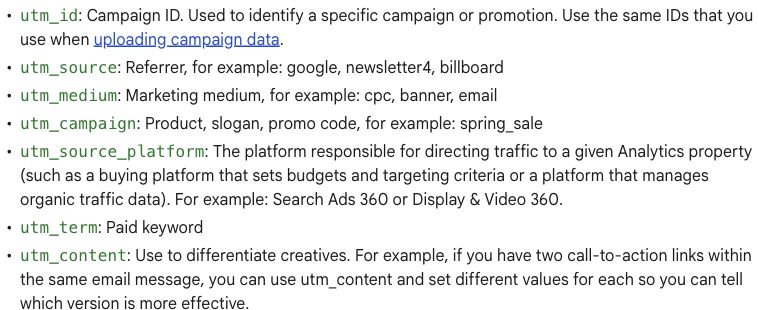 Google Analytics documentation lists source, medium, campaign, and content parameters for campaign URLs