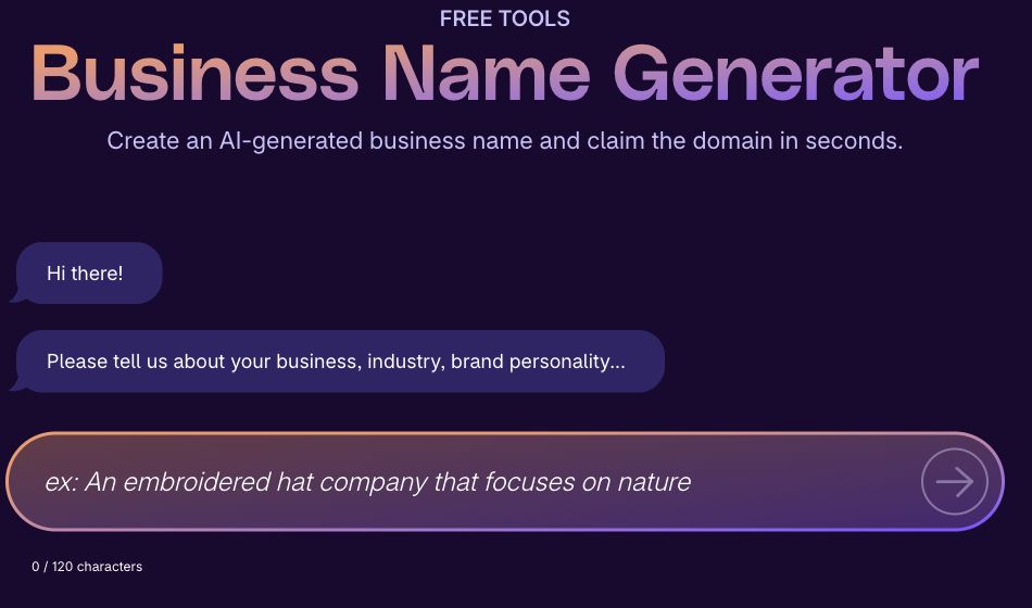 Shopify business name generator asks users to describe their business and brand personality